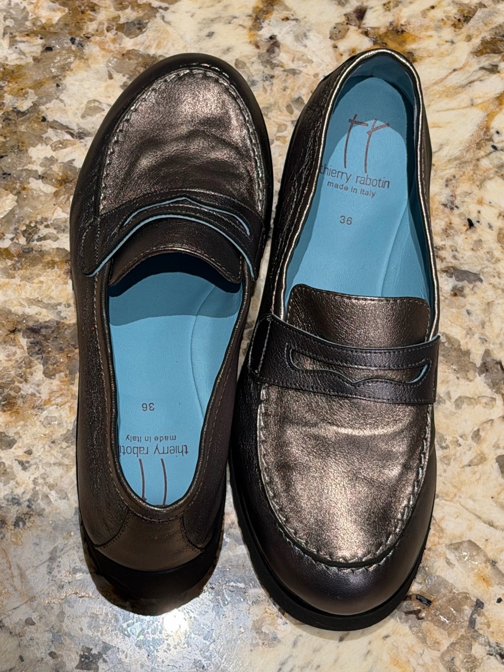 Thierry Rabotin Pewter Metallic Leather Penny Loafers 36 US 6 Made In Italy